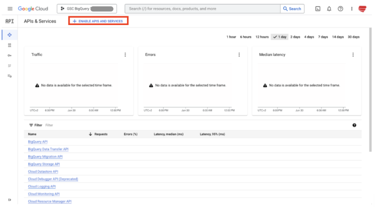 Hervorhebung des Auswahlpunktes "Enable APIs and Services" im APIs & Services Menü
