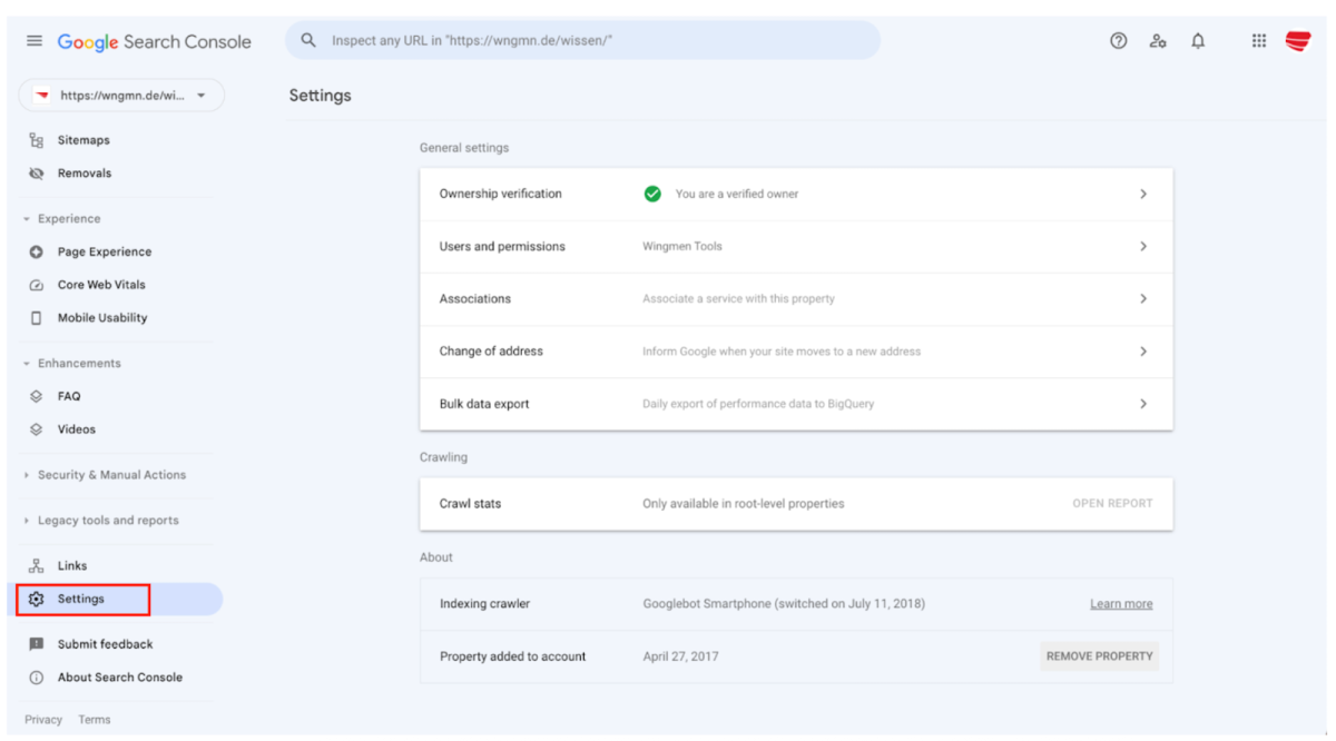 Darstellung der Google Search Console mit dem markierten Menüreiter Settings