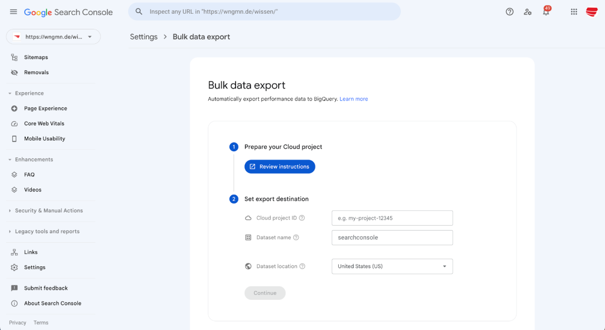 Ansicht des Unterpunktes Bulk Data Export in den Settings der Google Search Console