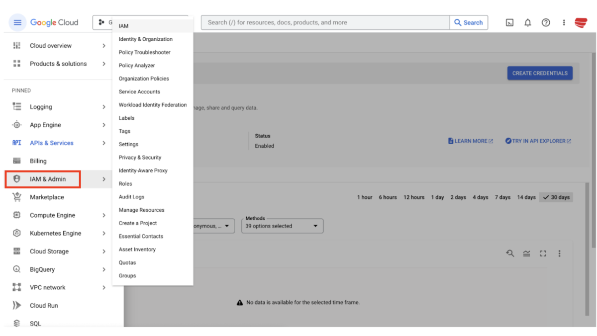 Darstellung des Menüs IAM & Admin in der Google Cloud Console
