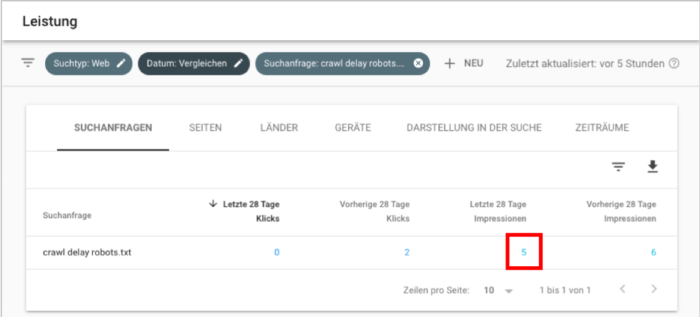 Screenshot: Vergleichtabelle gefiltert auf die betreffende Suchanfrage
