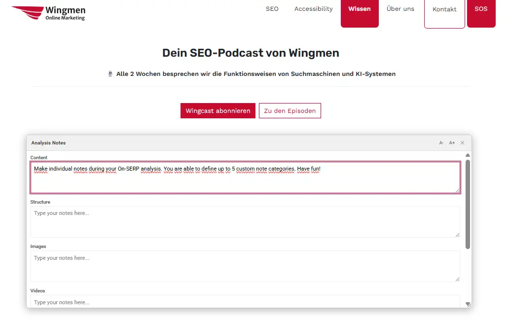 Screenshot von SerpX und dem Notizen-Overlay für die On-SERP-Analyse