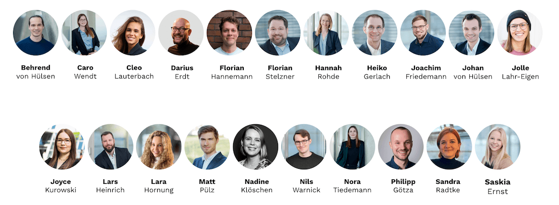 Gruppenübersicht der Wingmen-Kollegen mit Porträtfotos und Namen. Abgebildet sind: Behrend von Hülsen, Caro Wendt, Cleo Lauterbach, Darius Erdt, Florian Hannemann, Florian Stelzner, Hannah Rohde, Heiko Gerlach, Joachim Friedemann, Johan von Hülsen, Jolle Lahr-Eigen, Joyce Kurowski, Lars Heinrich, Lara Hornung, Matt Pülz, Nadine Klöschen, Nils Warnick, Nora Tiedemann, Philipp Götza, Sandra Radtke und Saskia Ernst.