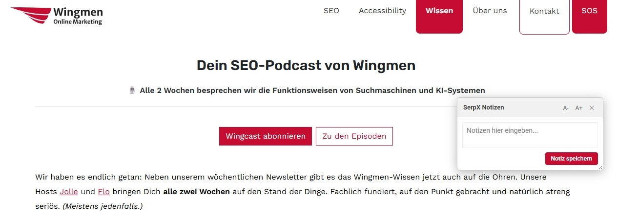 Screenshot von der SerpX Notizfunktion