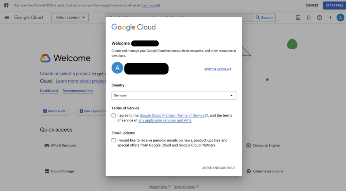 Ausgefüllte Anmeldemaske der Google Cloud Console