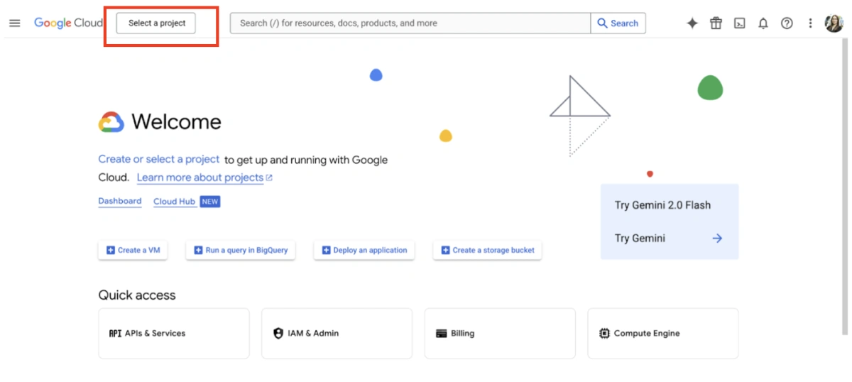 Google Cloud Console Oberfläche, bei der der Button "Select a project" markiert wurde