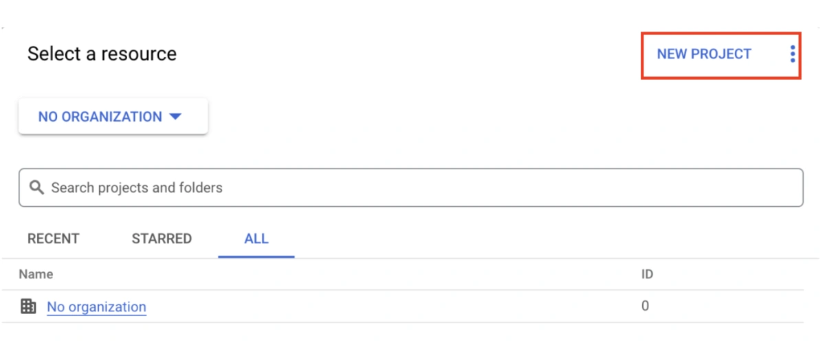 Auswahl Maske der Google Cloud Console, um ein neues Projekt anzulegen
