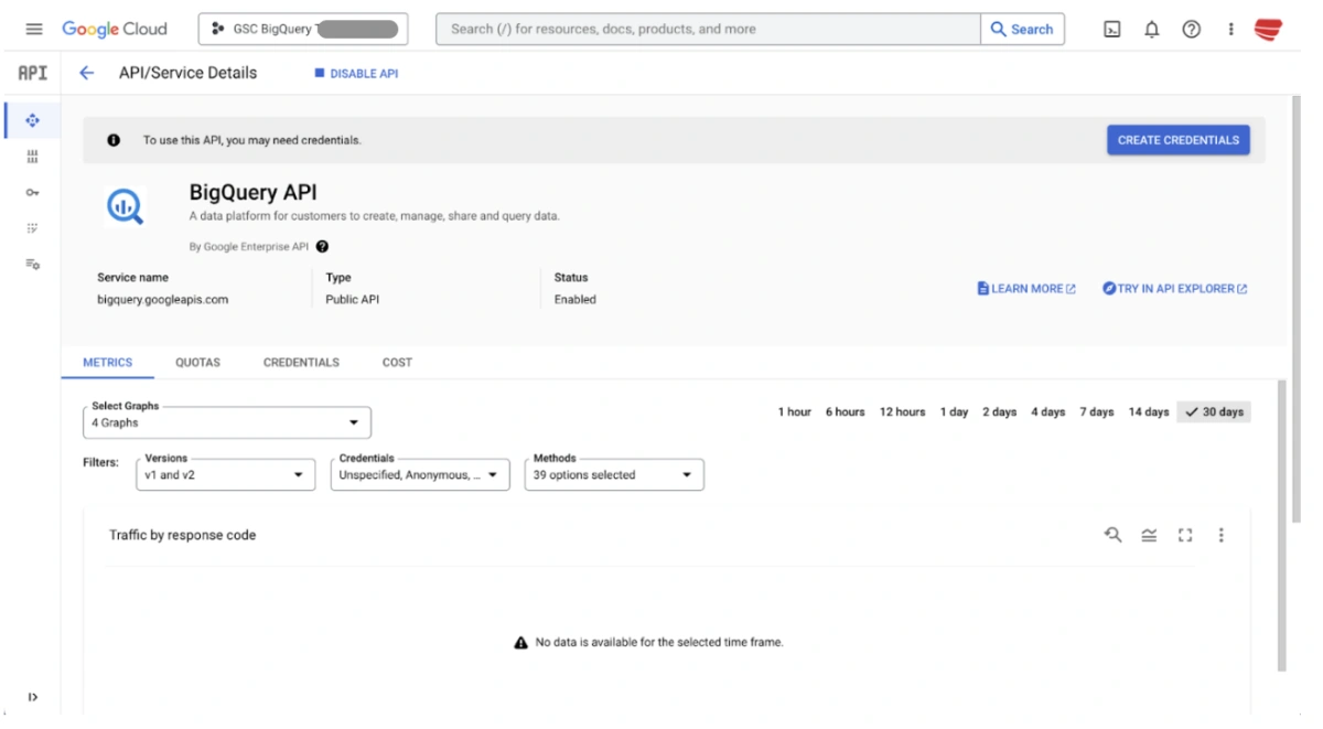 Darstellung der BigQuery API in der Google Cloud Console