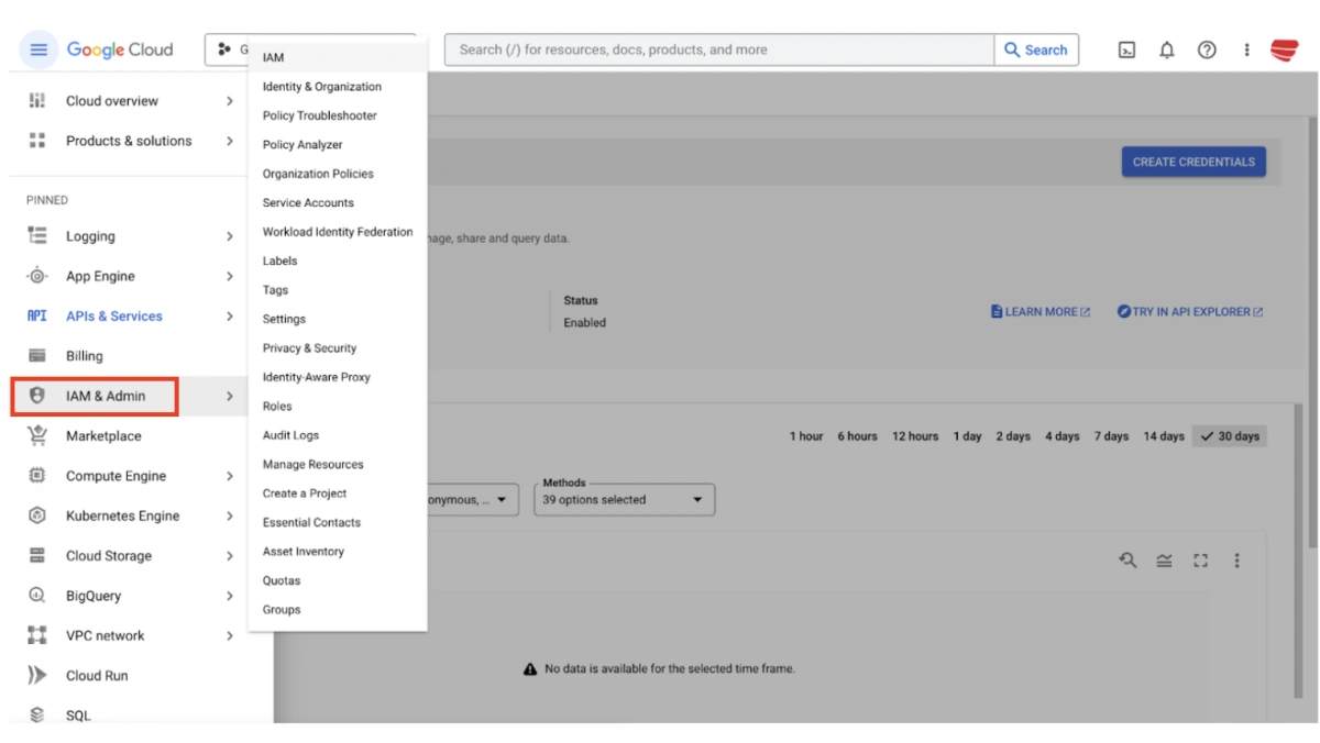 Darstellung des Menüs IAM & Admin in der Google Cloud Console