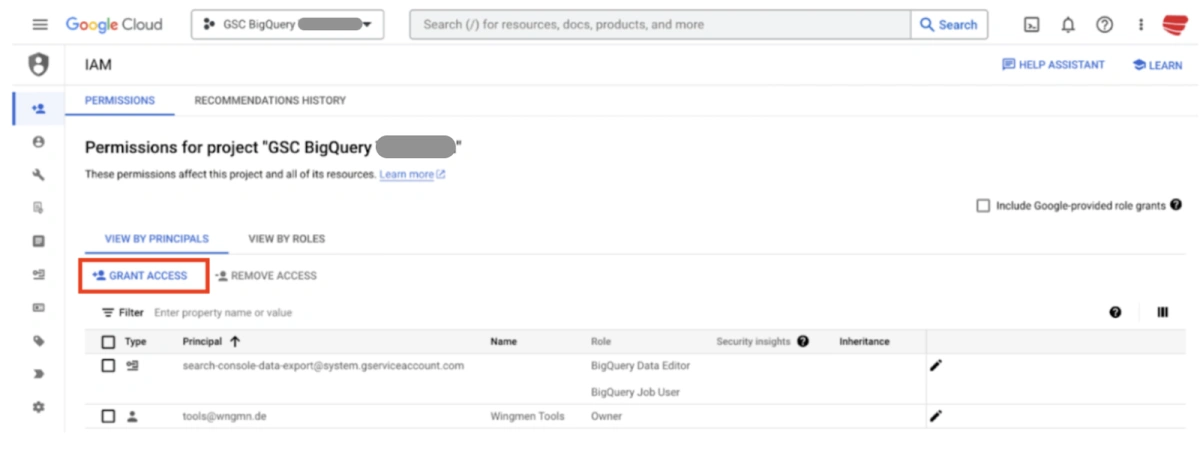 Ansicht der Permissionseinstellungen der Google Cloud Console, bei der die Auswahlmöglichkeit Grant Access markiert ist