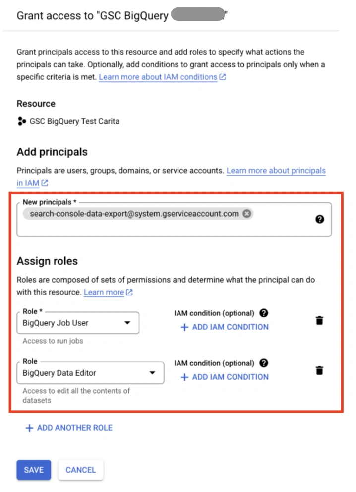 Ansicht der Permissionseinstellungen mit den ausgefüllten Feldern New Principals und den Assign Roles BigQuery Job User und BigQuery Data Editor