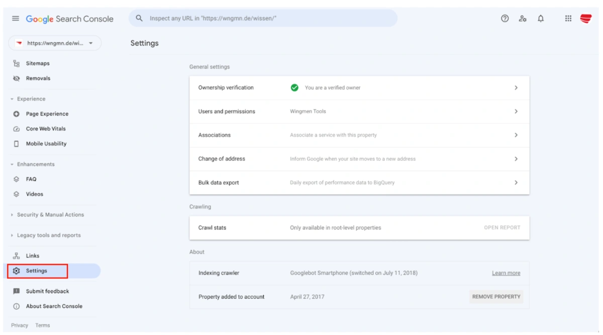 Darstellung der Google Search Console mit dem markierten Menüreiter Settings