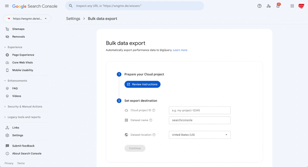 Ansicht des Unterpunktes Bulk Data Export in den Settings der Google Search Console