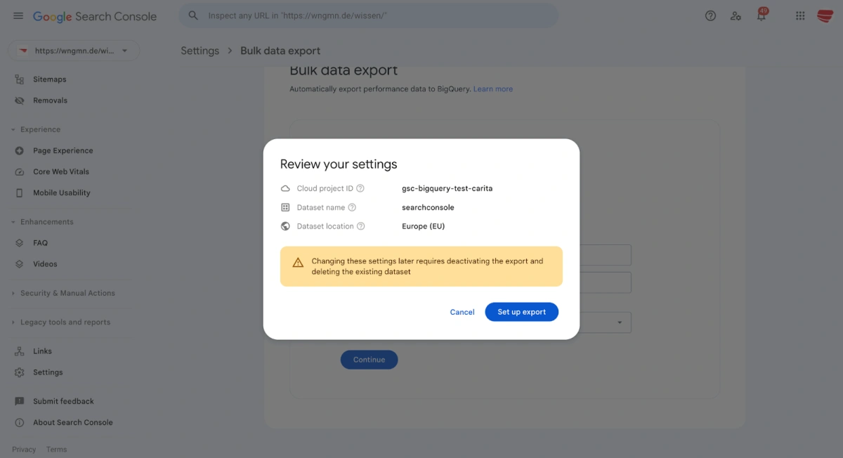 Überprüfung der Bulk Data Export Einstellungen in der Google Search Console