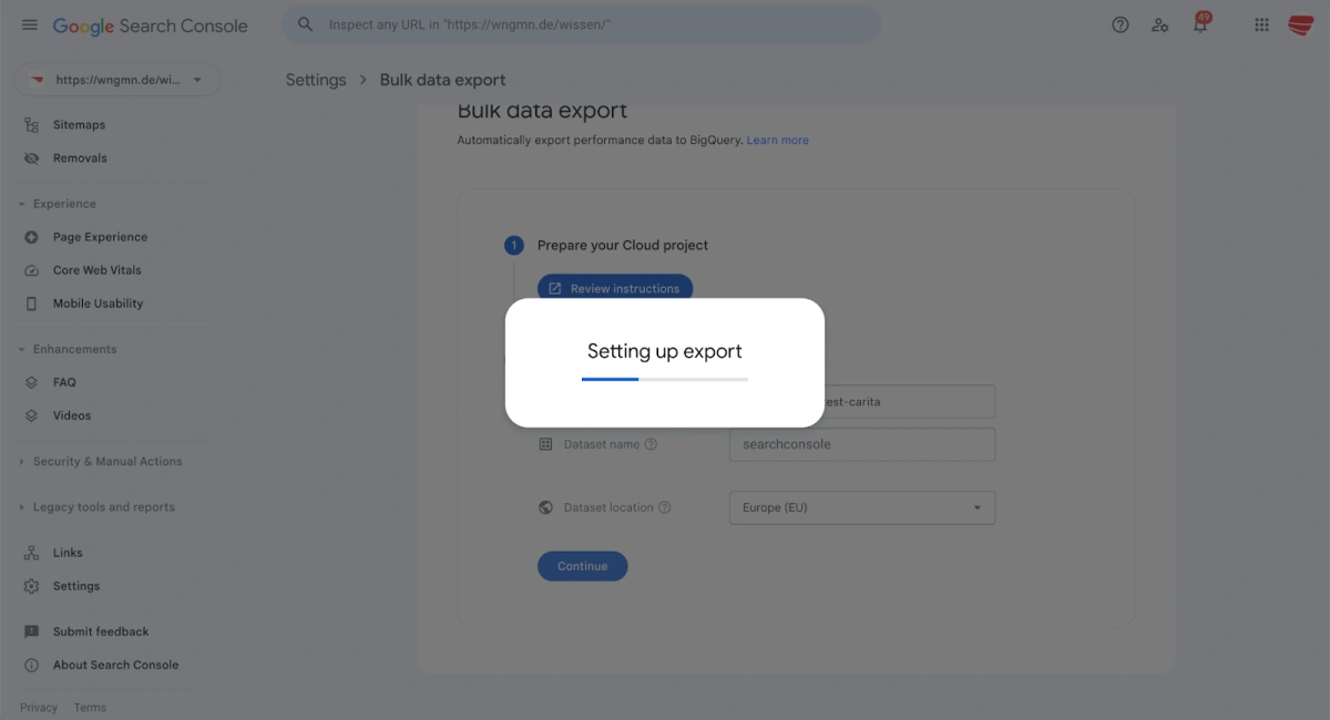 Eingabe der Bulk Data Export Einstellungen in der Google Search Console