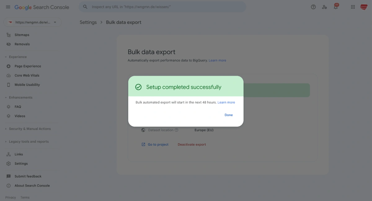 Das Bild zeigt die abgeschlossene Aktivierung der Bulk Data Export in der Google Search Console