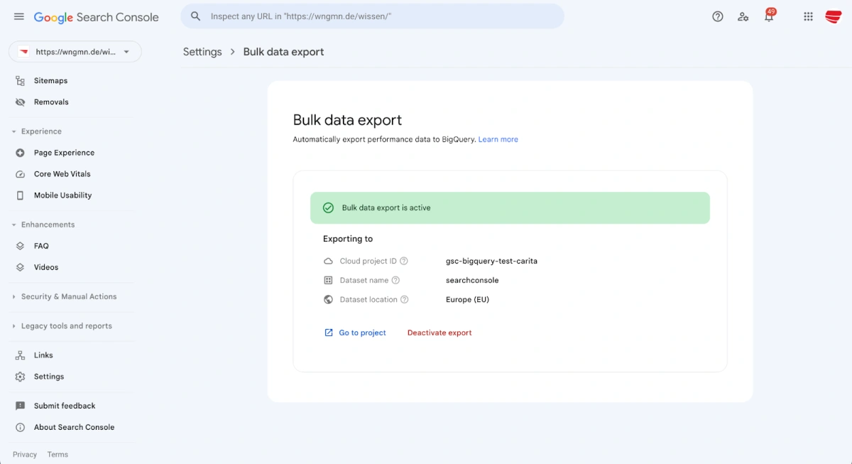 Fertig eingerichteter Bulk Data Export in der Google Search Console