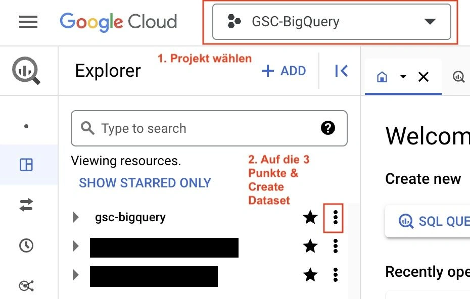 Auswahl der BigQuery Daten in einem Projekt in der Google Cloud Console