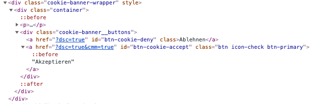 Schwarze Schaltflächen mit den Beschriftungen 'Ablehnen' und 'Akzeptieren' in einem Cookie-Consent-Banner