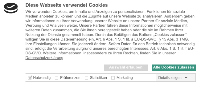 Cookie-Hinweis mit Text zur Verwendung von Cookies und Auswahlmöglichkeiten für Cookie-Einstellungen.