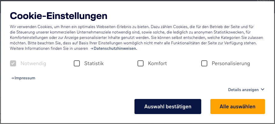 Cookie-Einstellungen mit Kontrollkästchen für Notwendig, Statistik, Komfort und Personalisierung, darunter zwei Buttons: 'Auswahl bestätigen' und 'Alle auswählen'.