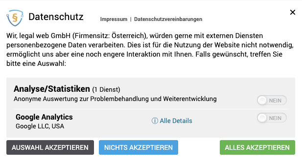 Datenschutz-Hinweis mit Auswahlmöglichkeiten für Analyse/Statistiken und Google Analytics, Buttons für Akzeptieren oder Ablehnen.