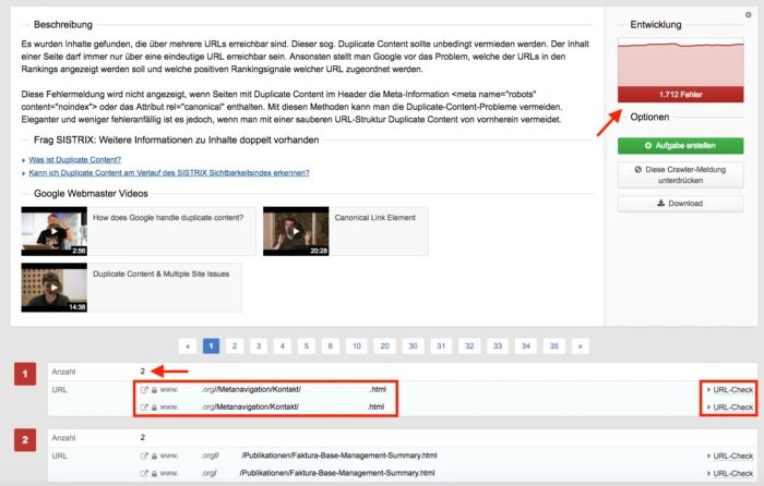 Übersicht der DC-Fehler im Sistrix-Optimizer