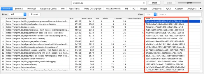 Screaming Frog - Mit der Spalte "Hash" DC identifizieren