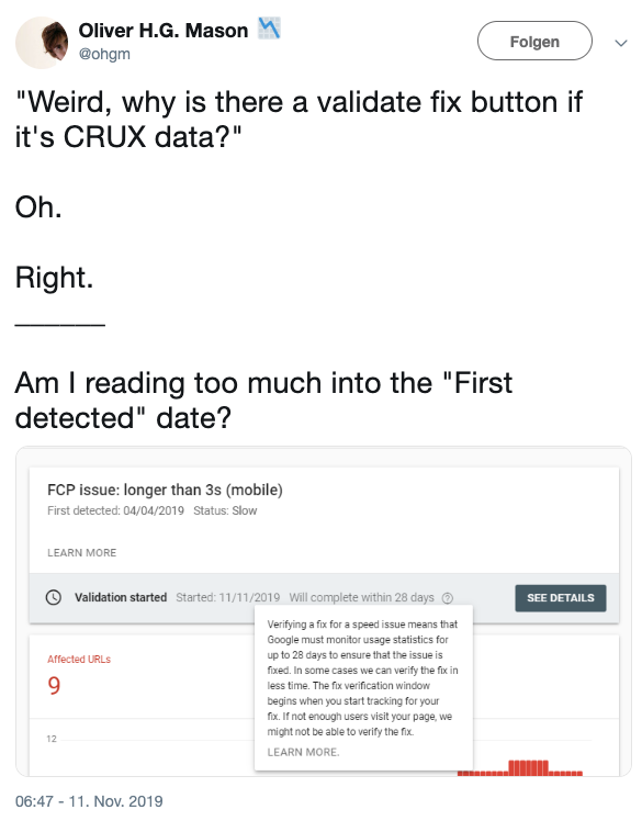 Screenshot eines Tweets von Oliver H.G. Mason mit Text zu Validierungsfunktionen und einem eingebetteten Screenshot eines FCP-Problems mit Details zu Validierungsstatus und betroffenen URLs.