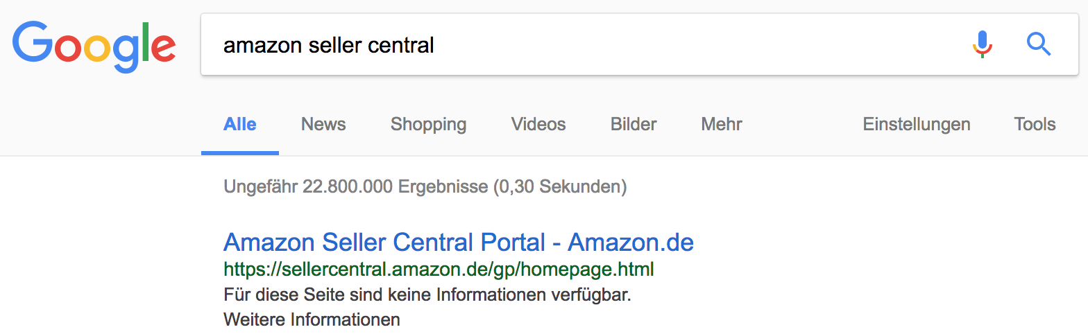 Amazon Seller Central wird in Google-Suchergebnissen ohne Description dargestellt