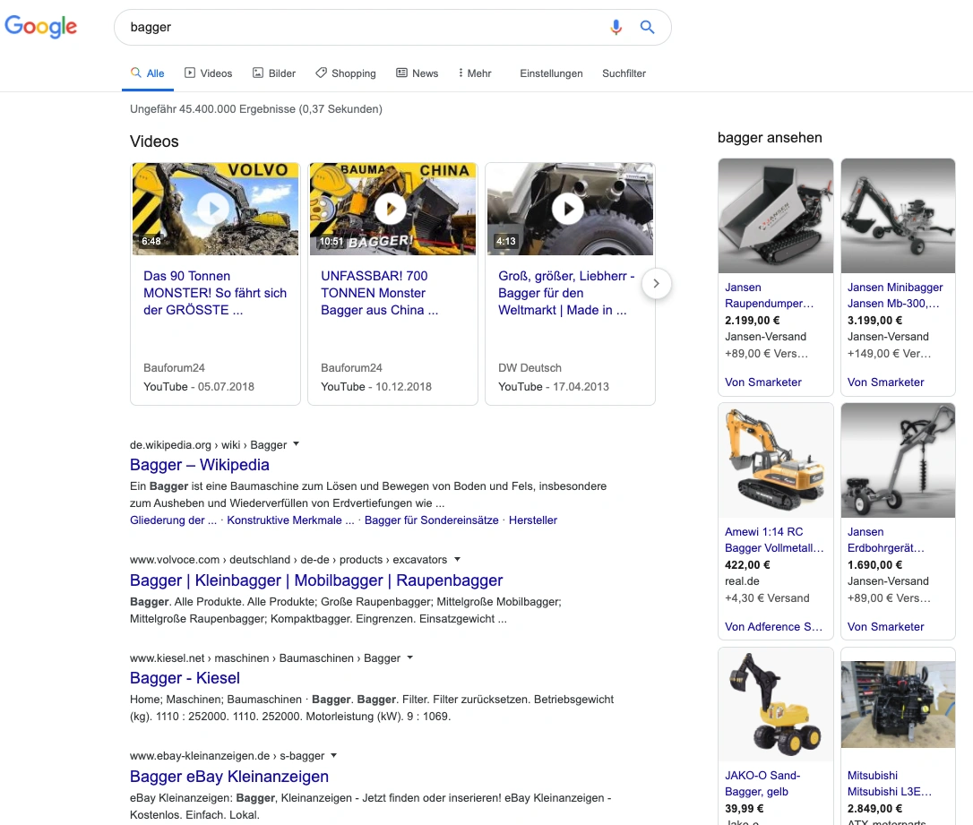 In den SERPS für Bagger werden Spielzeugbagger und Profibagger angezeigt