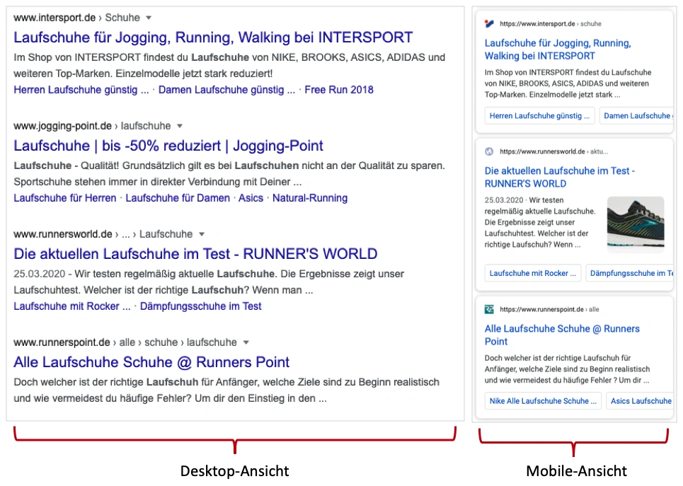 Snippets Desktop- vs. Mobile-Ansicht