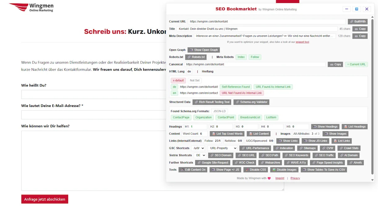 Screenshot einer Webseite mit einem Kontaktformular und einem geöffneten SEO-Bookmarklet-Fenster, das verschiedene SEO-Daten und Einstellungen anzeigt.