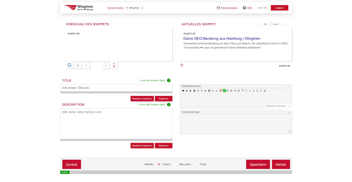 Benutzeroberfläche eines Online-Tools zur Erstellung und Bearbeitung von Snippets mit Feldern für Titel, Beschreibung und Textbausteine sowie Schaltflächen für Zurück, Speichern und Weiter.