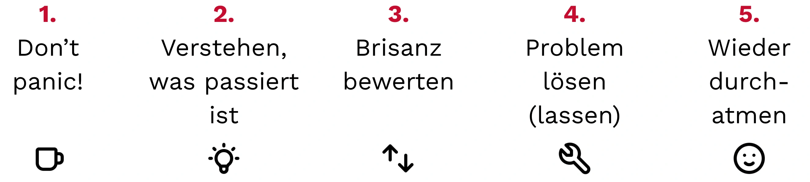 Fünf Schritte bei Alarm: 1. Nicht in Panik geraten, 2. Verstehen, was passiert ist, 3. Brisanz bewerten, 4. Problem lösen (lassen), 5. Durchatmen. Mit passenden Symbolen.