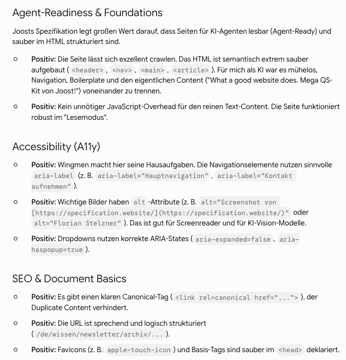 Ergebnisse vom Check nach specification.website durch Gemini