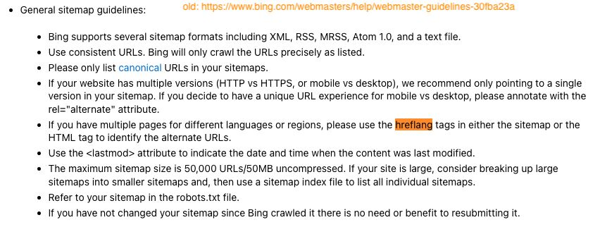 Alte Bing Webmaster Guidelines beinhalten HREFLANG.
