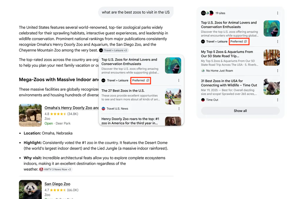 Screenshot der AI Search mit angegebener Preferred Source