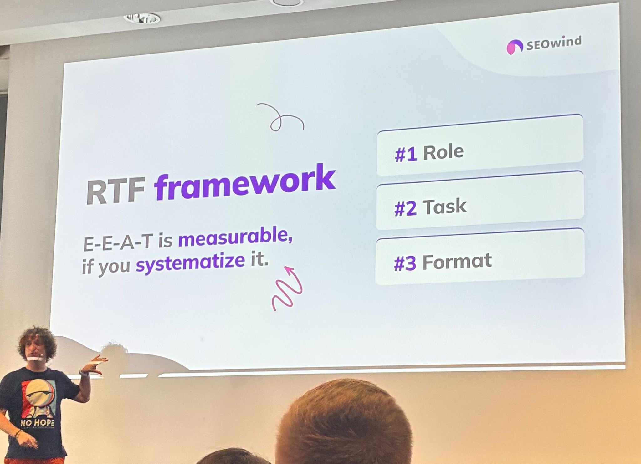 Eine Präsentationsfolie zum "RTF framework", die die Aussage "E-E-A-T is measurable, if you systematize it." hervorhebt. Daneben sind die drei Kernpunkte des Frameworks als "#1 Role", "#2 Task" und "#3 Format" aufgelistet.