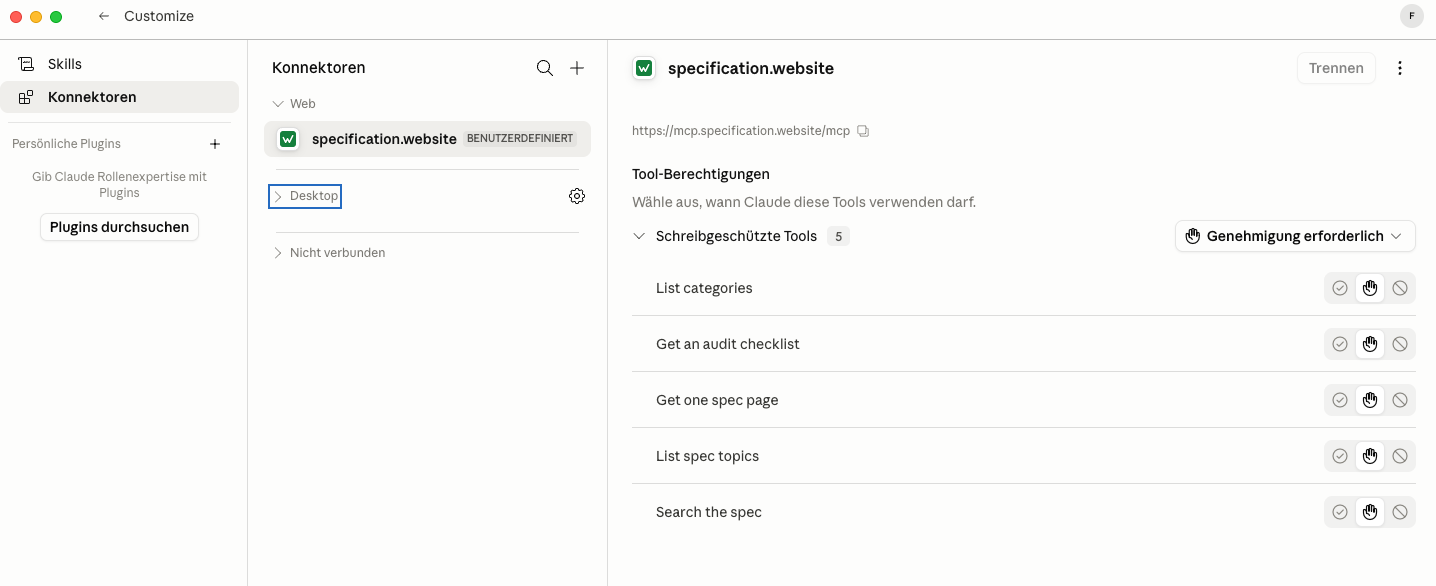 Den specification.website MCP bei Claude als Konnektor hinterlegen