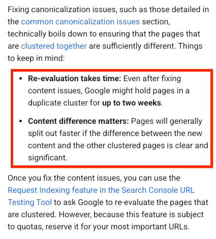 Screenshot der Google Dokumentation zum Fix von Canonicalization Issues. Die Neuerungen sind rot umrandet. Hervorgehoben ist unter anderem, dass die Re-Evaluierung bis zu 2 Wochen dauern kann.