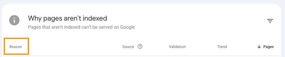 Indexing-Report der Google Search Console (GSC): "Reason" unterhalb von "Why pages aren't indexed".
