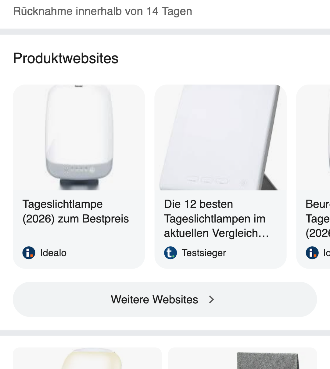 Screenshot aus Sucherebnissen der eine SERP-Integration für "Produktwebsites" zeigt, das Kacheln für einzelne Preisvergleichsportale enthält, die jeweils ein passendes Produktbild, einen kurzen Title und die Marke des Preisvergleichsportals zeigen