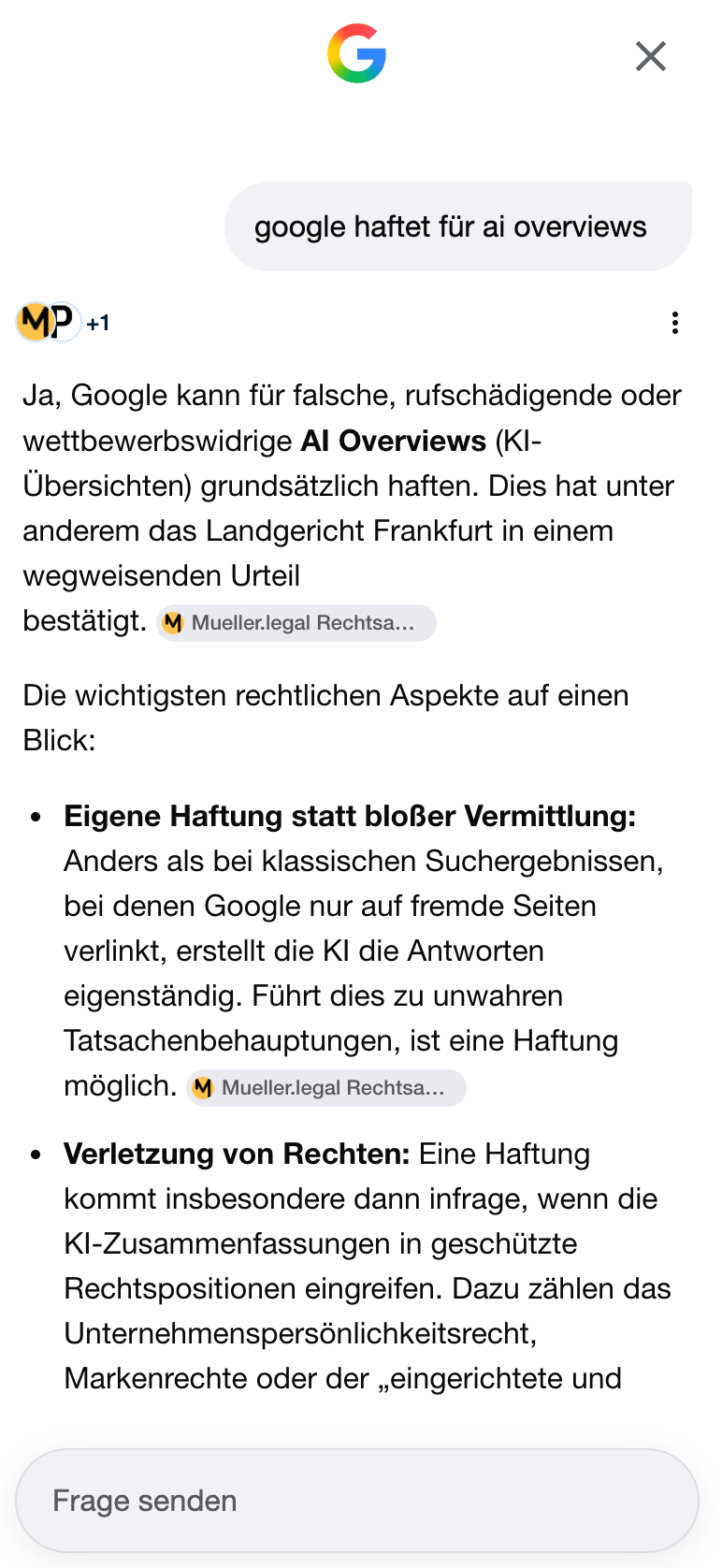 Google AI Overview zu "Google haftet für ai overviews". Beginnt mit "Ja, Google kann für falsche, rufschädigende oder wettbewerbswidrige AI Overviews grundsätzlich haften."