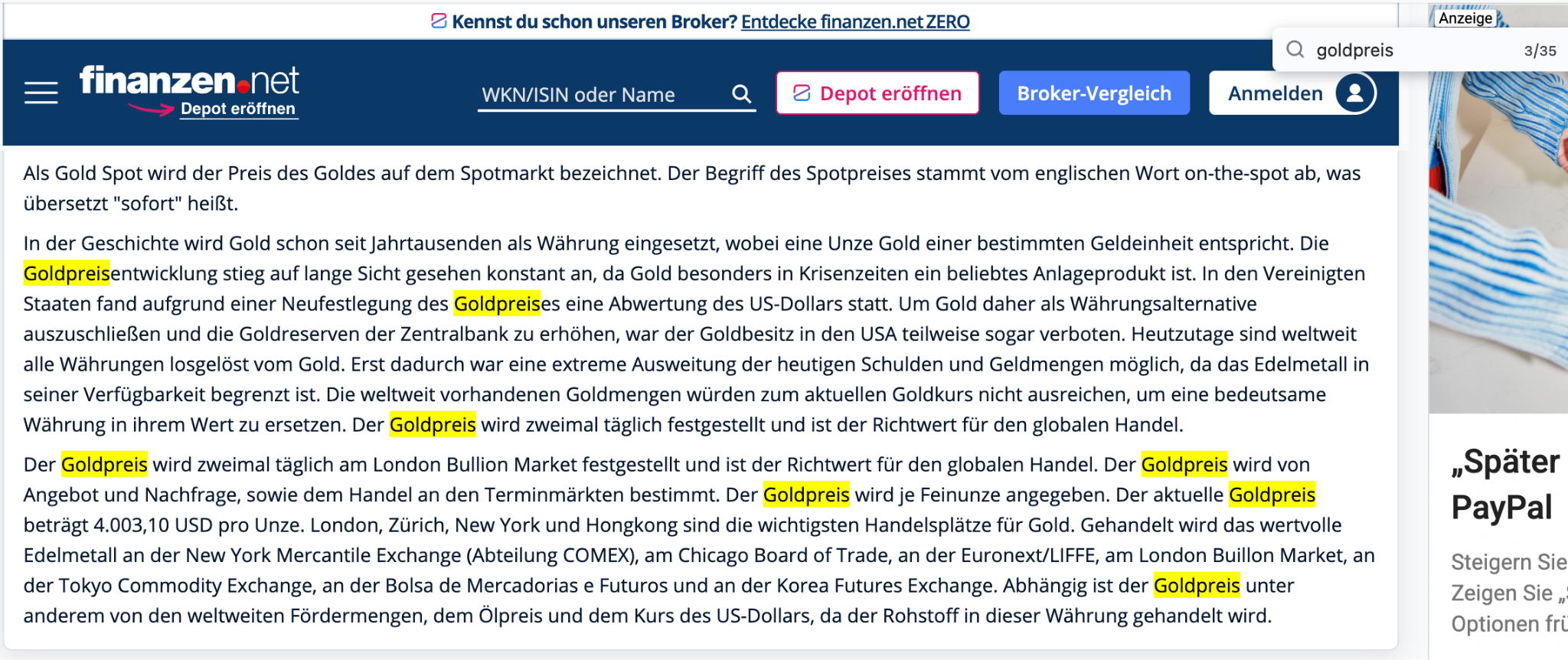 Textausschnitt für die Goldpreisseite von finanzen.net.