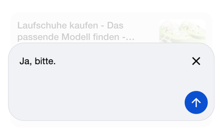 Antwortfenster auf die Laufschuhanfrage. Die noch nicht abgeschickte Nachricht lautet: "Ja, bitte."