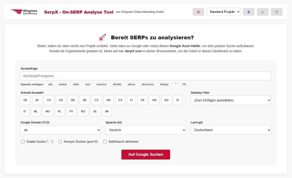 Screenshot vom SerpX Suchhelfer