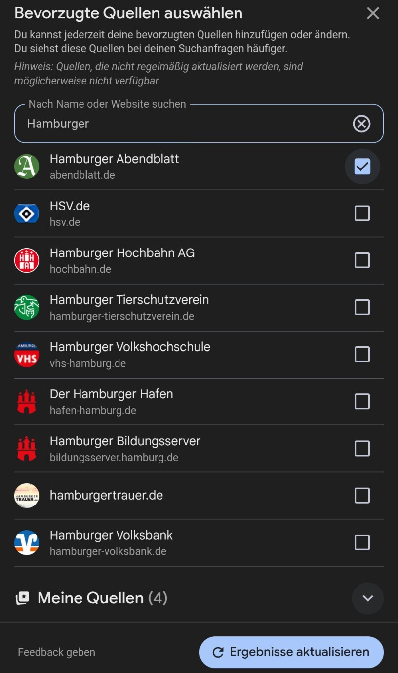Screenshot der Liste "Bevorzugte quellen auswählen"