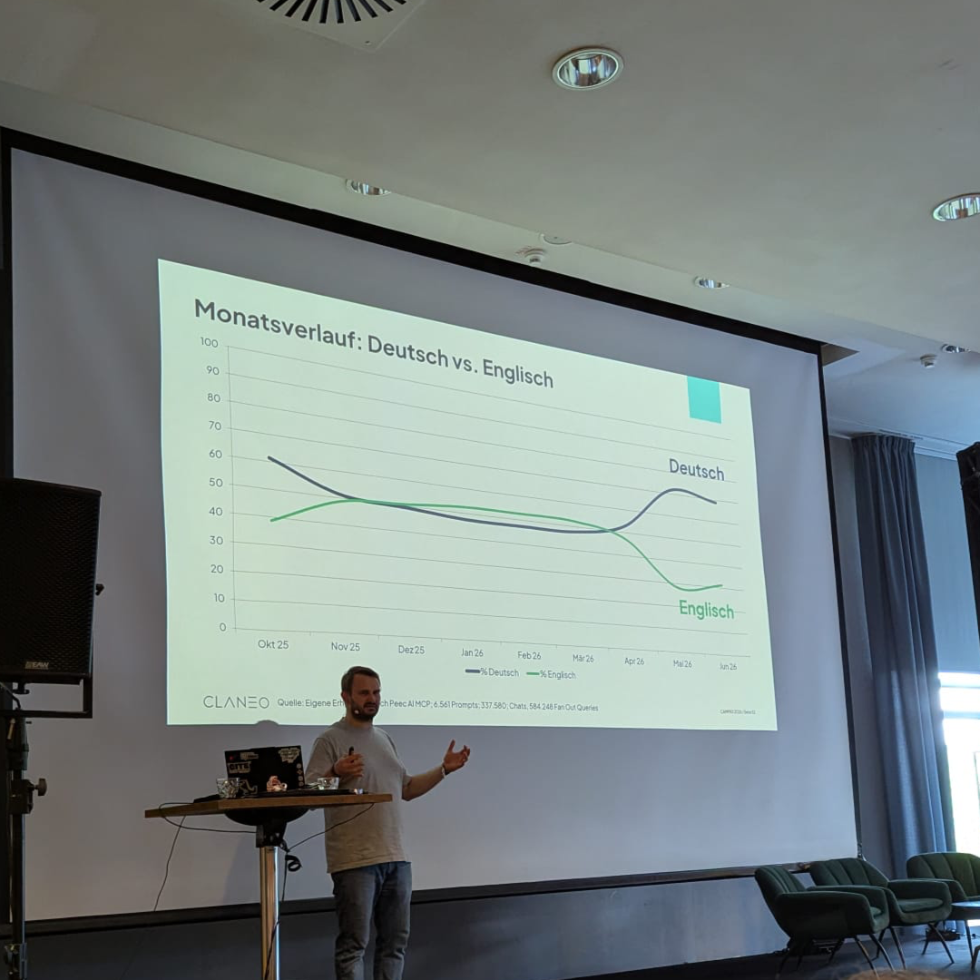 Zur Umstellung auf ChatGPT mit GPT-5.5 sieht man deutlich, dass in Deutschland weniger Anfragen im Query Fan Out auf Englisch passieren. Vorher lag der Wert bei rund 50%, danach bei 25-30%.