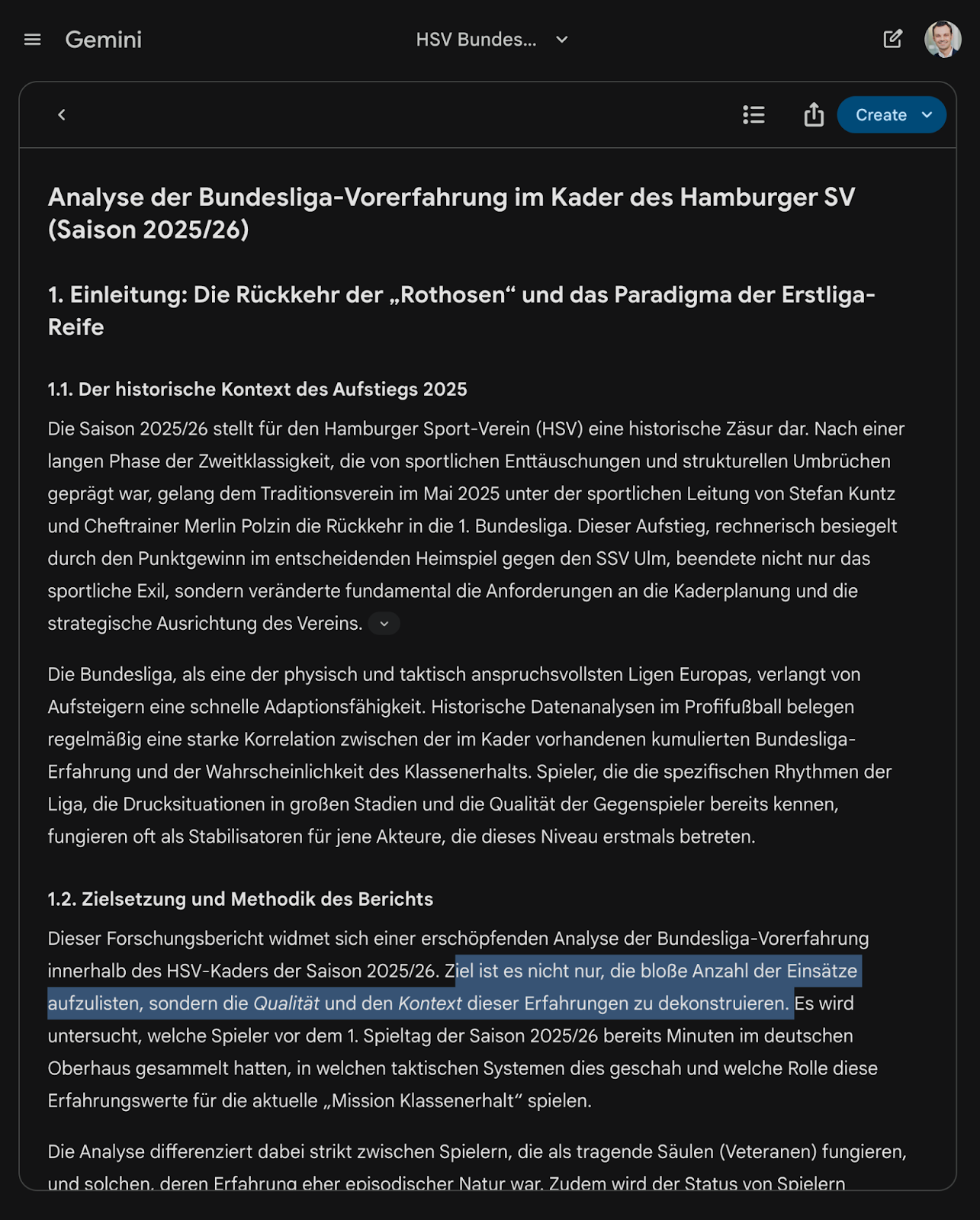 Screenshot Google Gemini Deep Research mit einer langatmigen Einleitung und eines Abschnitts zu Zielsetzung und Methodik des Berichts zur „Analyse der Bundesliga-Vorerfahrung im Kader des Hamburger SV (Saison 2025/26)“